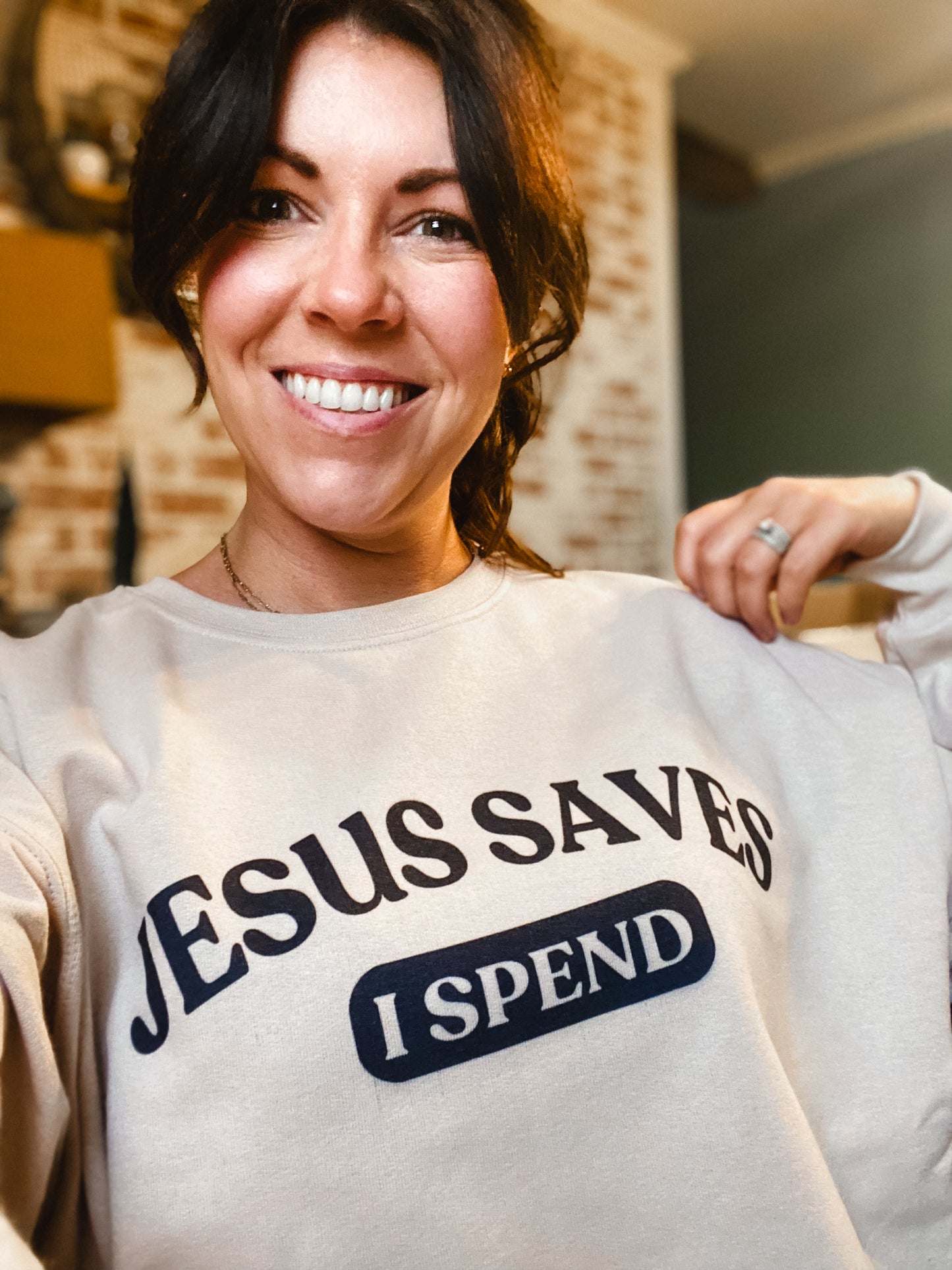 Jesus Saves I Spend | Cozy Faith-Based Graphic Crew Sweatshirt